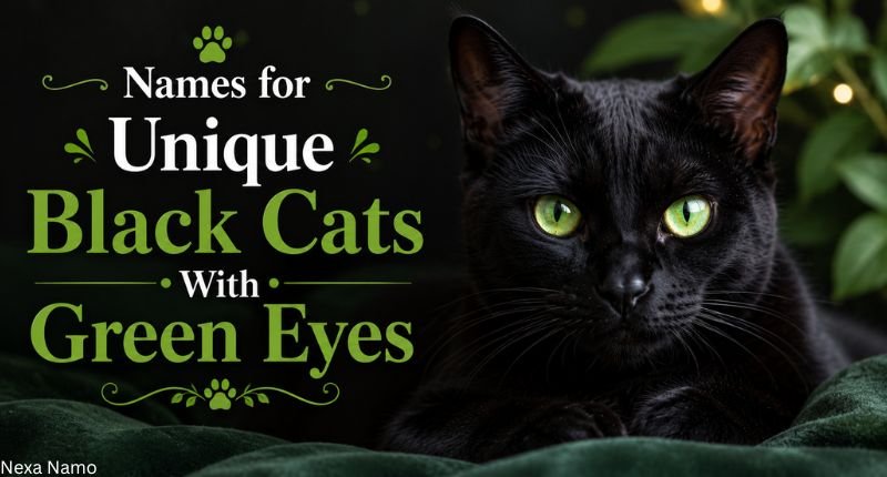 Black cat with striking green eyes beside unique black cat name ideas