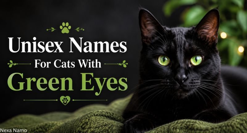 Black cat with glowing green eyes beside unisex cat name ideas