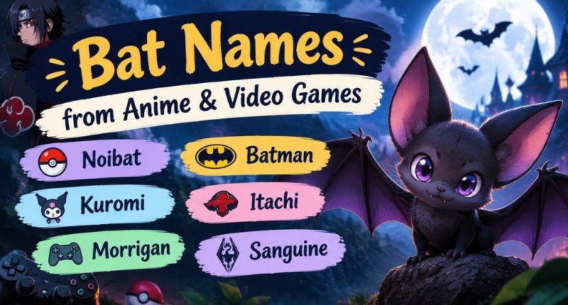 Bat Names from Anime & Video Games featuring popular inspired names like Noibat, Batman, Kuromi, Itachi, Morrigan, and Sanguine with a fantasy gaming design.
