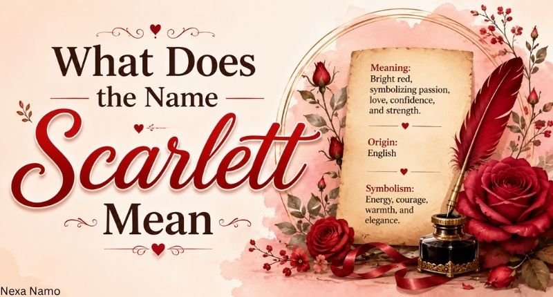 What Does the Name Scarlett Mean infographic featuring the meaning, origin, and symbolism of the name Scarlett with red floral elements and elegant design.