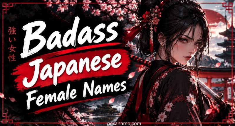 Badass Japanese female names featuring a fierce female samurai with a katana, red cherry blossoms, a Japanese temple, and a dramatic red-and-black background.