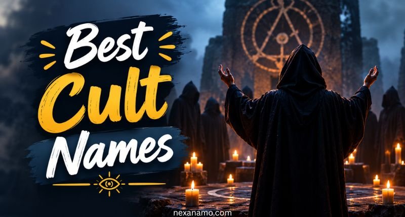 Best cult names with a mysterious hooded cult leader and candlelit ritual scene.