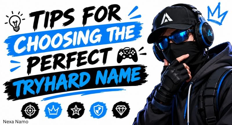 Tips for Choosing the Perfect Tryhard Name gaming banner featuring bold black and blue typography, gaming icons, and a masked gamer wearing blue-tinted goggles and headphones.
