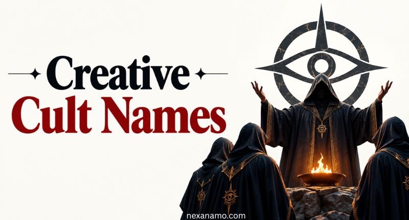 Creative Cult Names banner featuring hooded mystical figures gathered around a glowing ritual altar beneath a symbolic eye emblem.