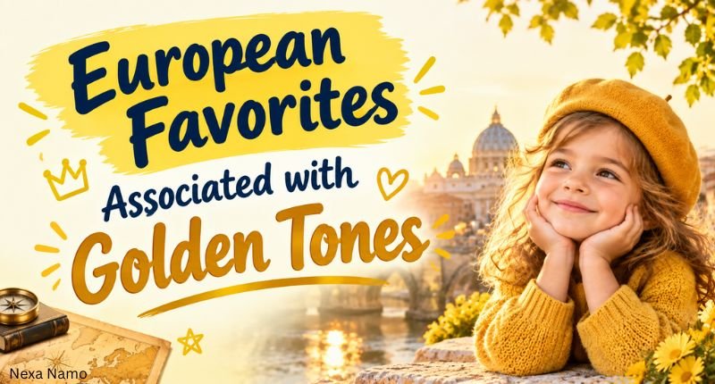 European favorite names associated with golden tones, featuring a child in a mustard sweater and beret with a warm European cityscape in the background.