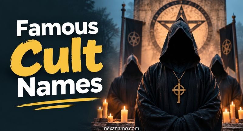Famous Cult Names with a dramatic hooded group gathered around a fire in a dark, mysterious setting.