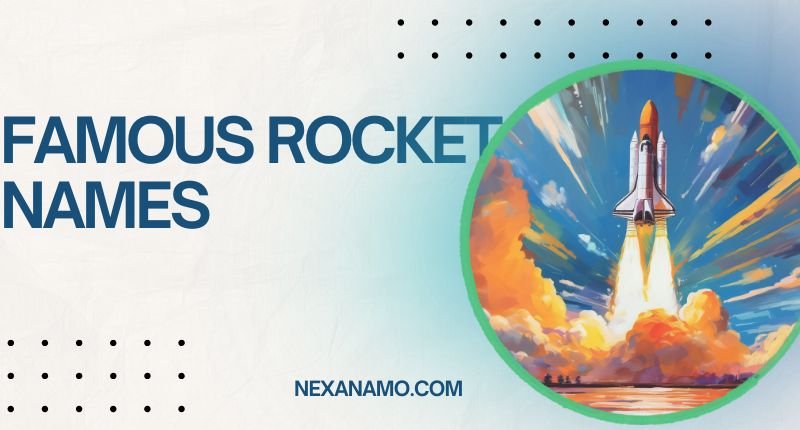 Famous Rocket Names banner showing a colorful space shuttle launching with flames on Nexanamo.com