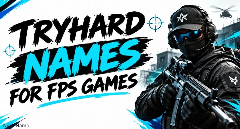 Tryhard Names for FPS Games gaming banner with bold black and cyan typography, a tactical FPS soldier holding a rifle, crosshair graphics, and a cinematic urban combat background.