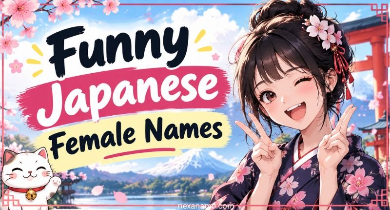 Funny Japanese female names featuring a cheerful anime-style girl in a floral yukata, cherry blossoms, Mount Fuji, and a Japanese temple background.