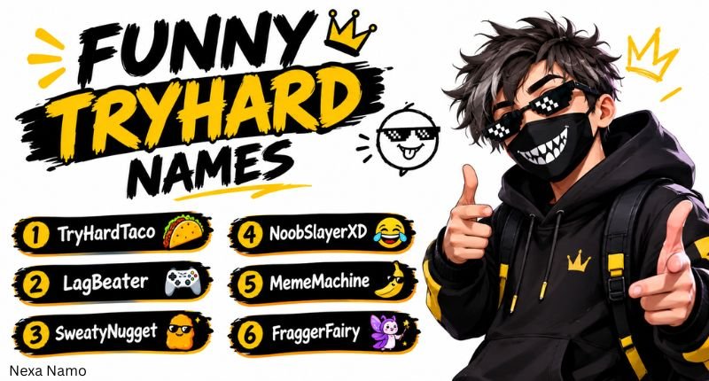 Funny Tryhard Names gaming banner featuring six unique names—TryHardTaco, LagBeater, SweatyNugget, NoobSlayerXD, MemeMachine, and FraggerFairy—alongside a masked gamer character on a clean white background.