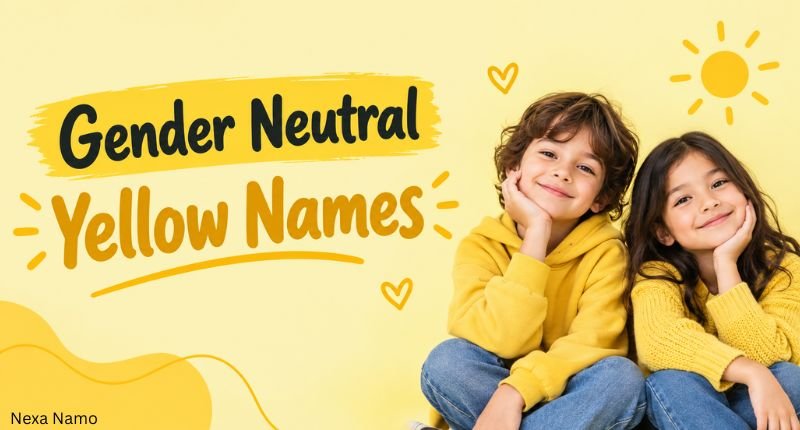 Gender neutral yellow names featuring cheerful children in yellow outfits on a bright yellow background.