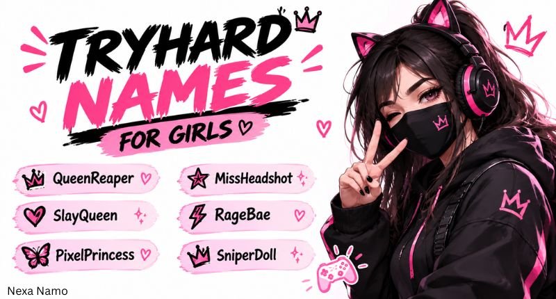Tryhard Names for Girls gaming banner featuring six unique girl gamer names—QueenReaper, SlayQueen, PixelPrincess, MissHeadshot, RageBae, and SniperDoll—with a stylish masked female gamer in a pink-and-black theme.