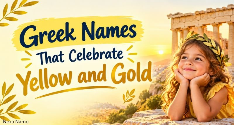 Greek names that celebrate yellow and gold, featuring a child in a golden laurel wreath with Greek ruins and a warm sunset background.