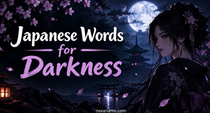 Japanese words for darkness displayed over a moonlit Japanese night scene with a woman in a dark kimono, cherry blossoms, temple, torii gate, and lantern.
