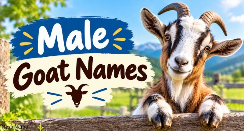 Male Goat Names – strong horned male goat standing by a wooden fence in a sunny countryside field