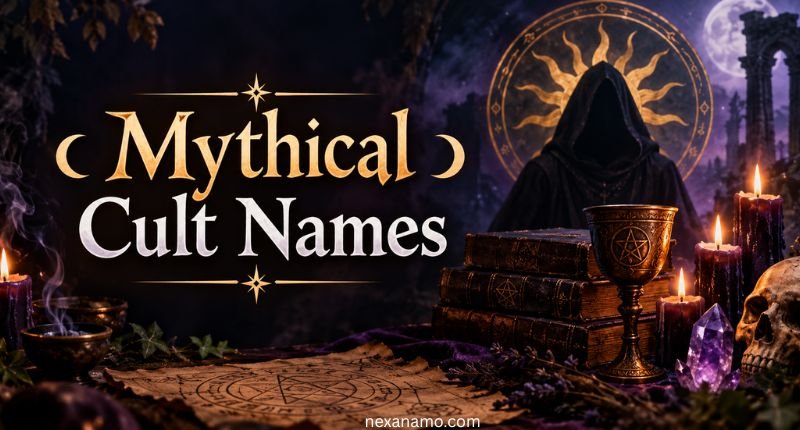 Mythical Cult Names in a dark gothic fantasy setting with candles, occult books, a hooded figure, mystical symbols, and purple crystals.