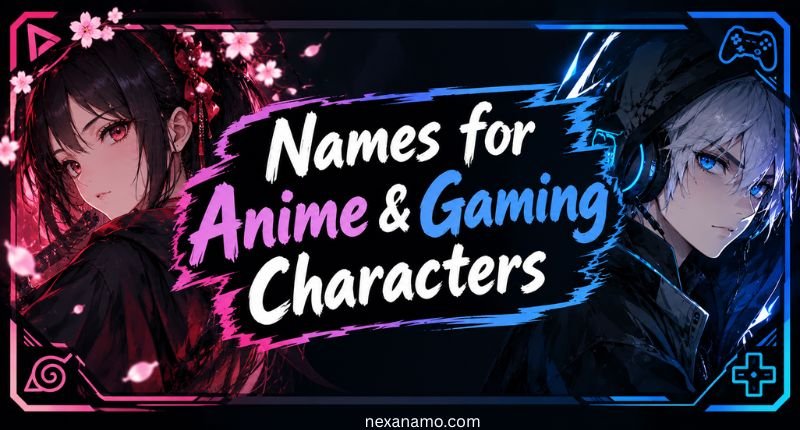Names for anime and gaming characters featuring two stylized anime characters, a neon gaming frame, cherry blossoms, and colorful futuristic gaming accents.