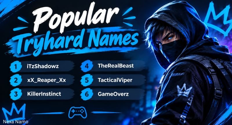 Popular Tryhard Names with six gaming name ideas: iTzShadowz, xX_Reaper_Xx, KillerInstinct, TheRealBeast, TacticalViper, and GameOverz.