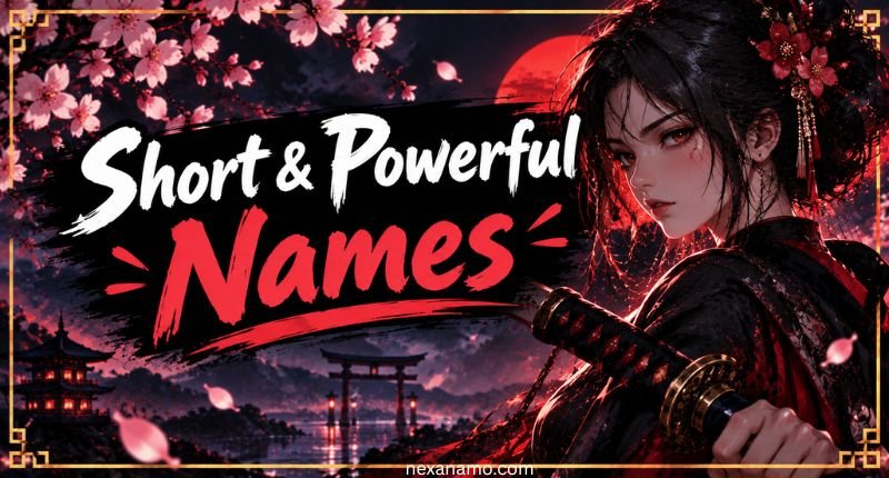 Short and powerful names displayed in bold text beside a fierce Japanese samurai woman holding a katana, with cherry blossoms, a red moon, and a Japanese temple background.