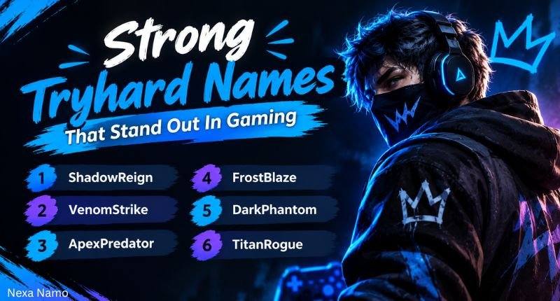 Strong Tryhard Names That Stand Out in Gaming with six powerful gamer name ideas: ShadowReign, VenomStrike, ApexPredator, FrostBlaze, DarkPhantom, and TitanRogue.