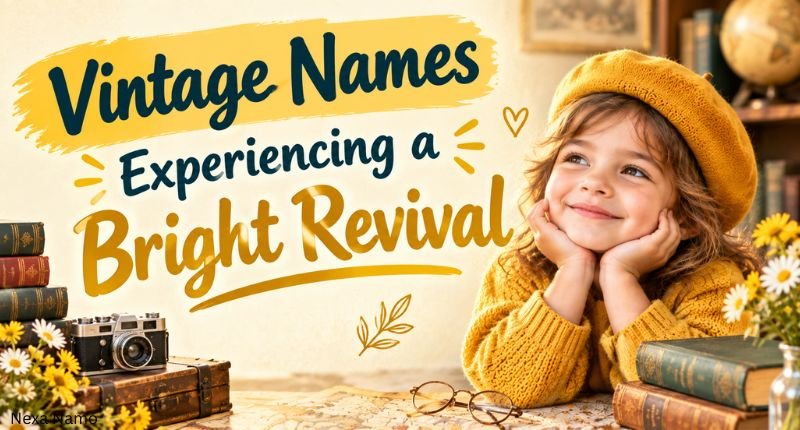Vintage names experiencing a bright revival, featuring a child in a mustard sweater surrounded by old books, a vintage camera, flowers, and nostalgic decor.